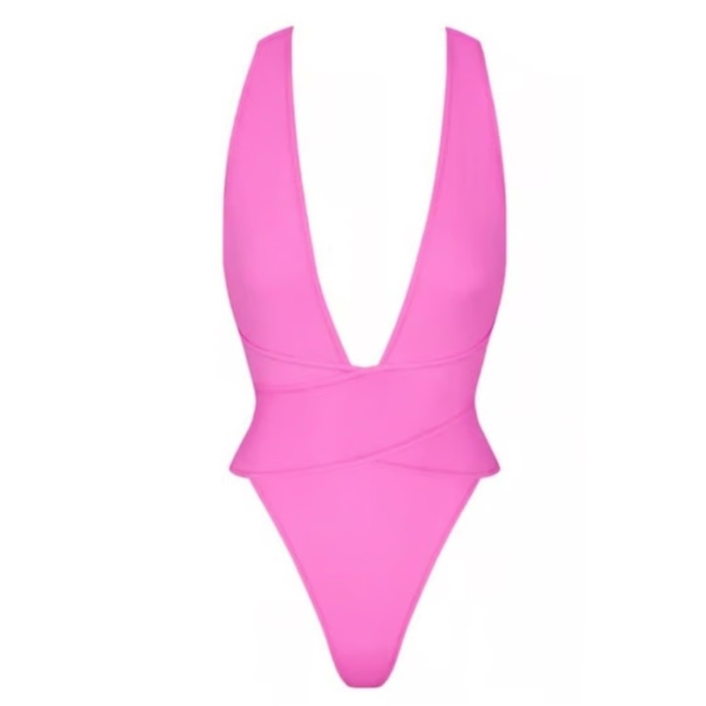 SKIMS recycled swim cut out plunge monokini TAFFY PINK nwt - Picture 5 of 9